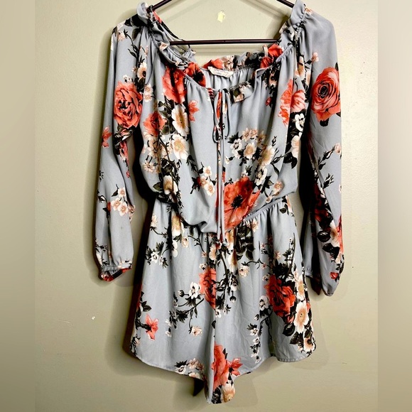 Peach Love California Women's Medium Green Floral Romper Ruffled Peasant Y2K - Picture 1 of 5